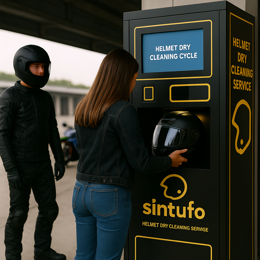 Persona utilizando la máquina Síntu’fo para limpiar su casco